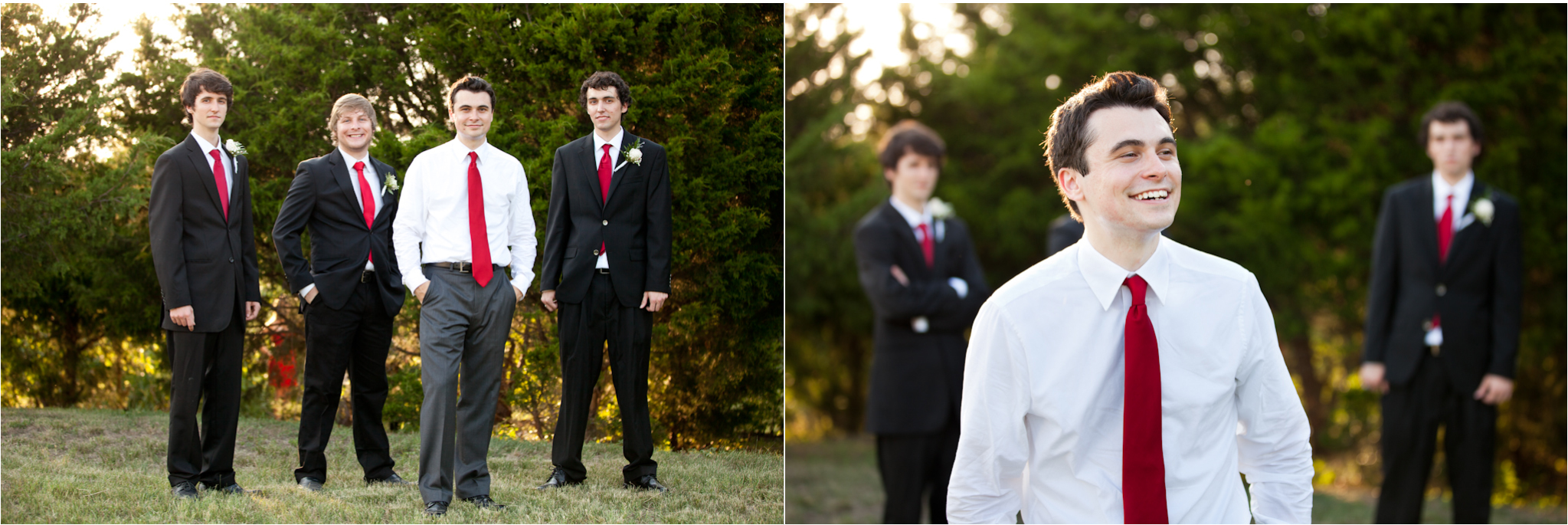 Groom and groomsmen portraits outdoors in red ties and suits