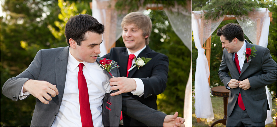 Groom putting jacket on and getting ready before wedding ceremony