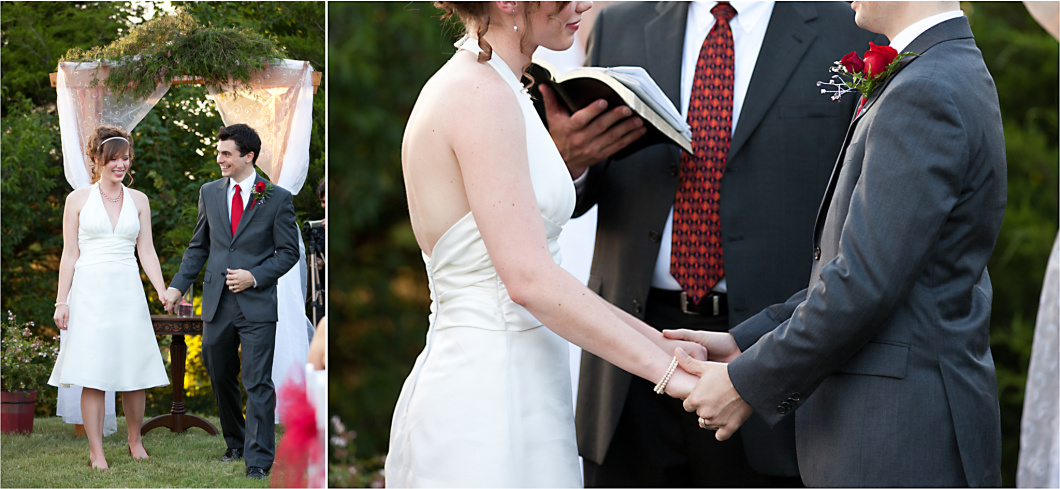 outdoor backyard wedding ceremony bride and groom holding hands