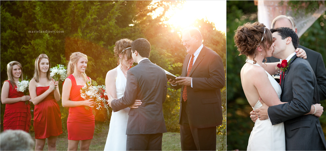 outdoor backyard wedding ceremony first kiss sunset