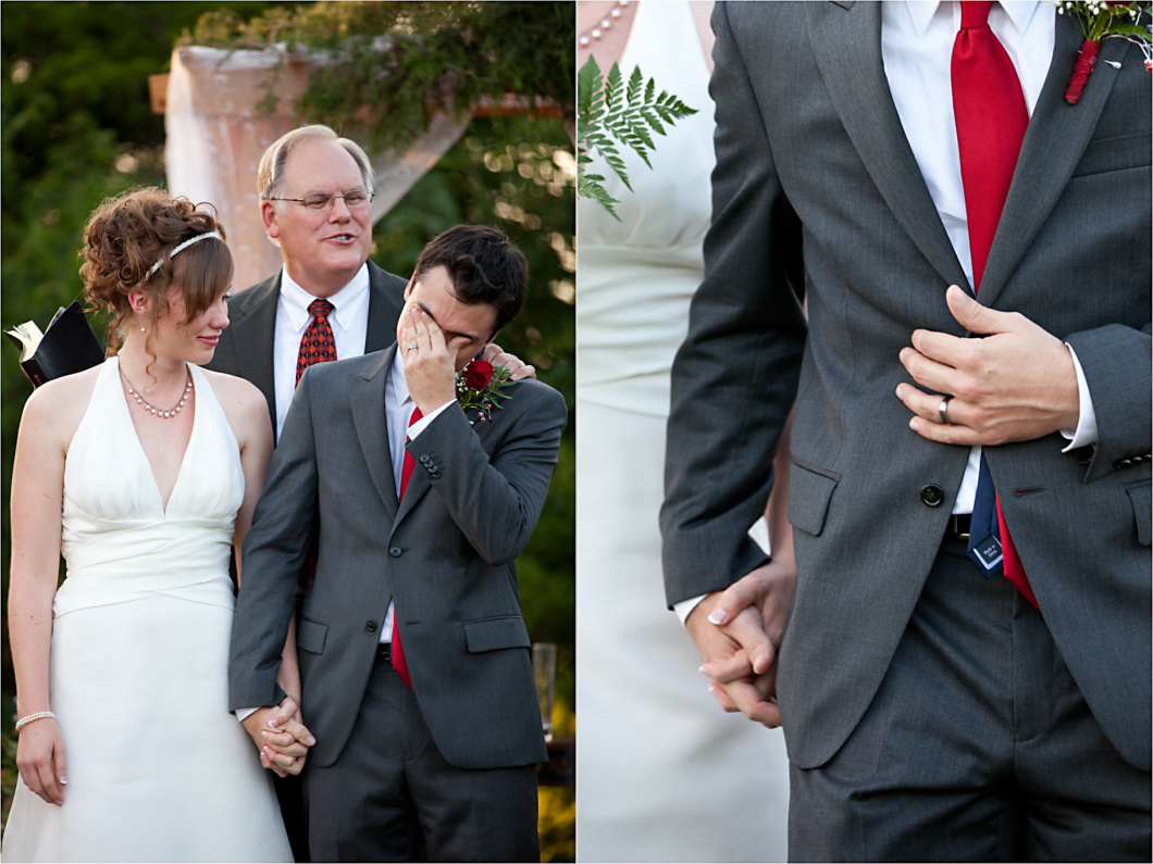 outdoor backyard wedding ceremony groom cries after while holding hands with bride