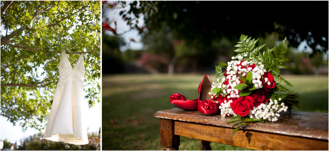 Outdoor details of wedding dress in tree and red rose bouquet