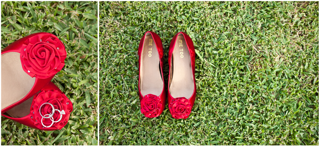 Wedding detail pictures of shoes and wedding rings on green grass