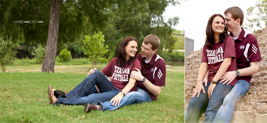 Eleanor Tinsley Park is the best place for engagement pictures in Houston couple embracing in grass with texas a&m and mississippi state shirts